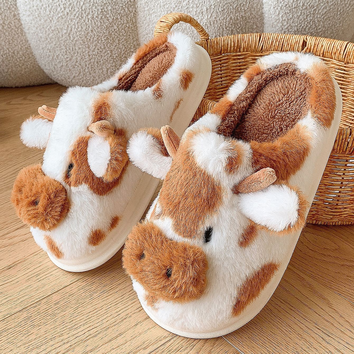 Moo Puffs Cozy-Stitched Pink & Brown Slippers