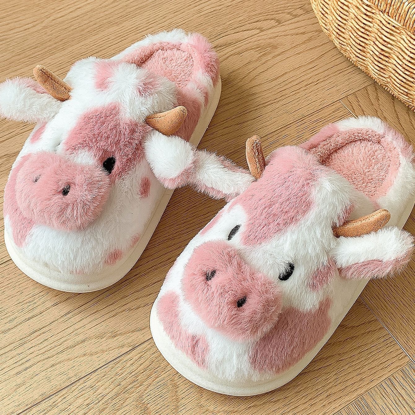 Moo Puffs Cozy-Stitched Pink & Brown Slippers
