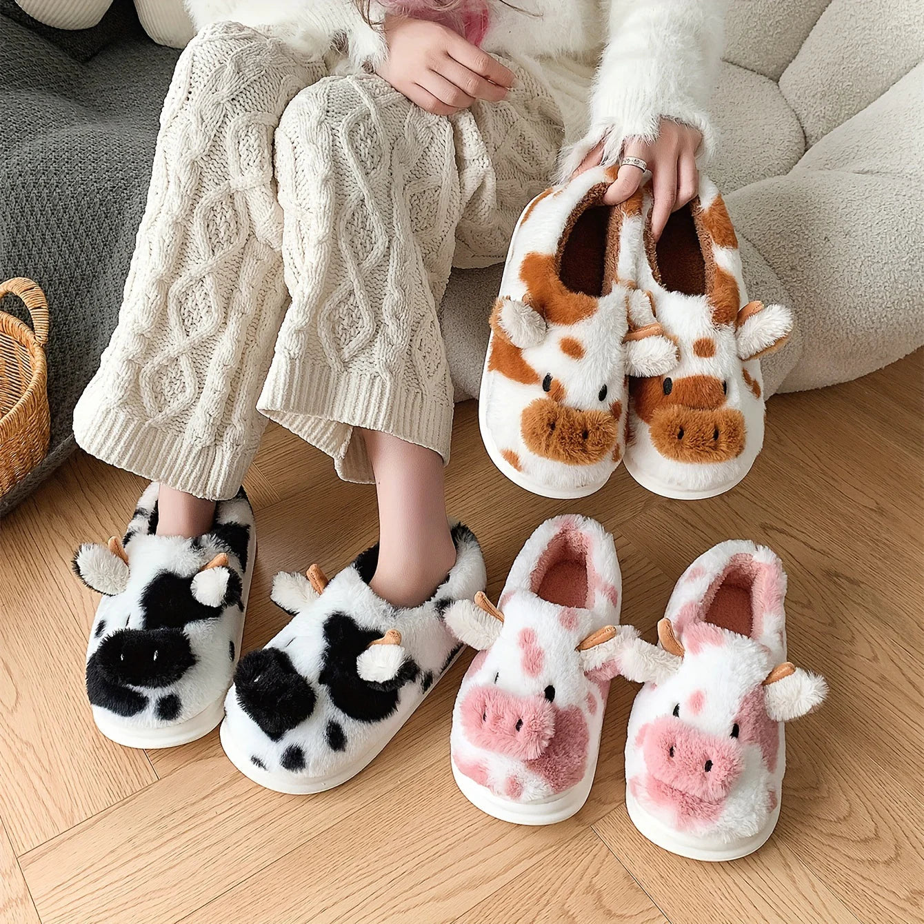 Moo Puffs Cozy-Stitched Black Slippers