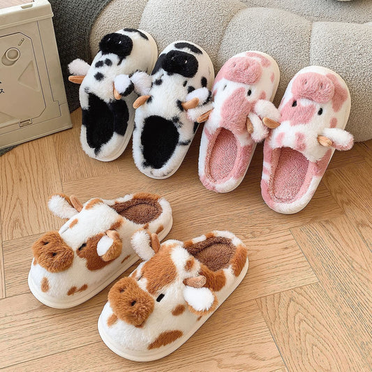 Moo Puffs Cozy-Stitched Pink & Brown Slippers